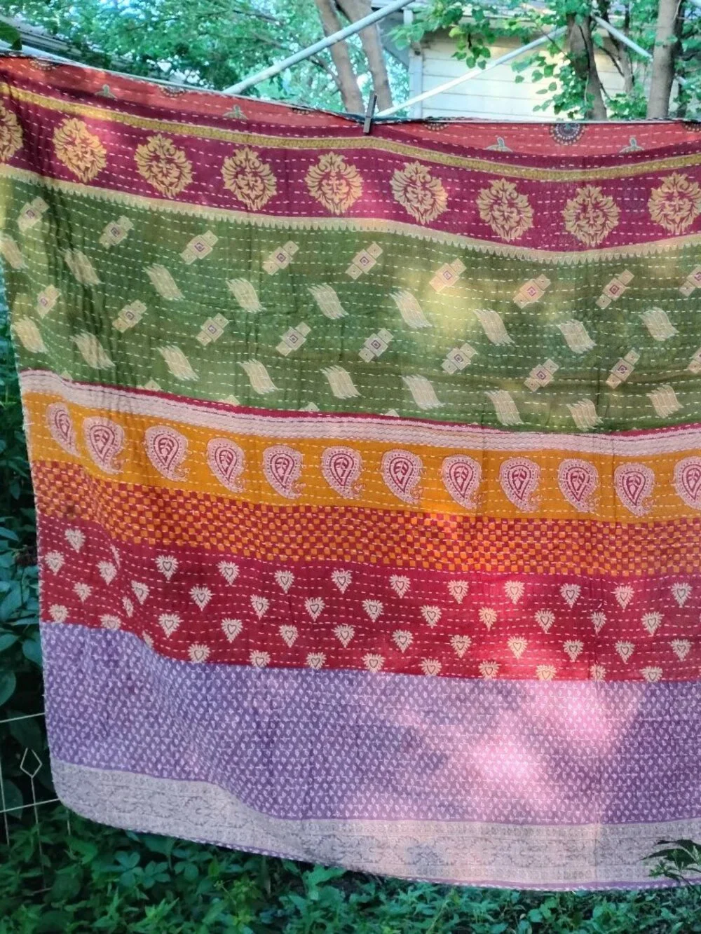 Kantha Quilt Green Black Red Premium 3 Layer Cotton New K189.